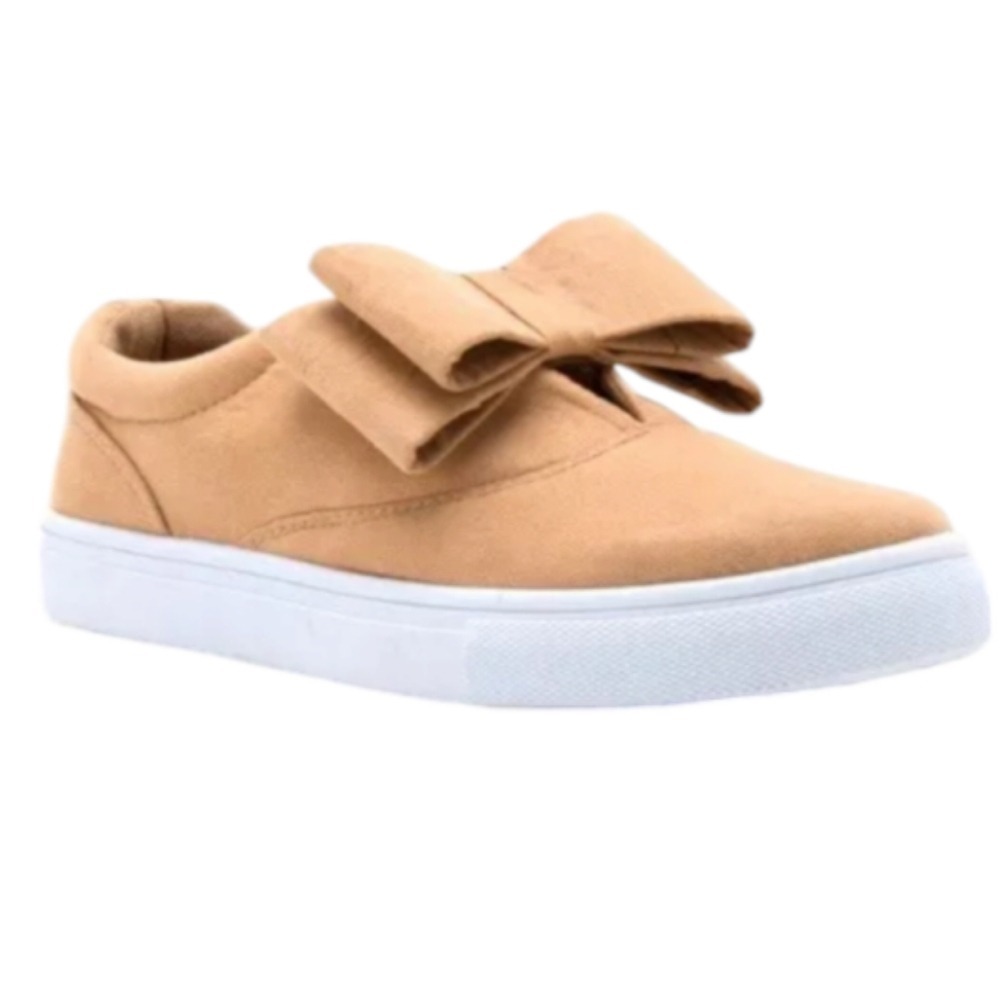 Qupid Women's Faux Suede Sneakers Tan &‎ White With Bow Detail Size 9